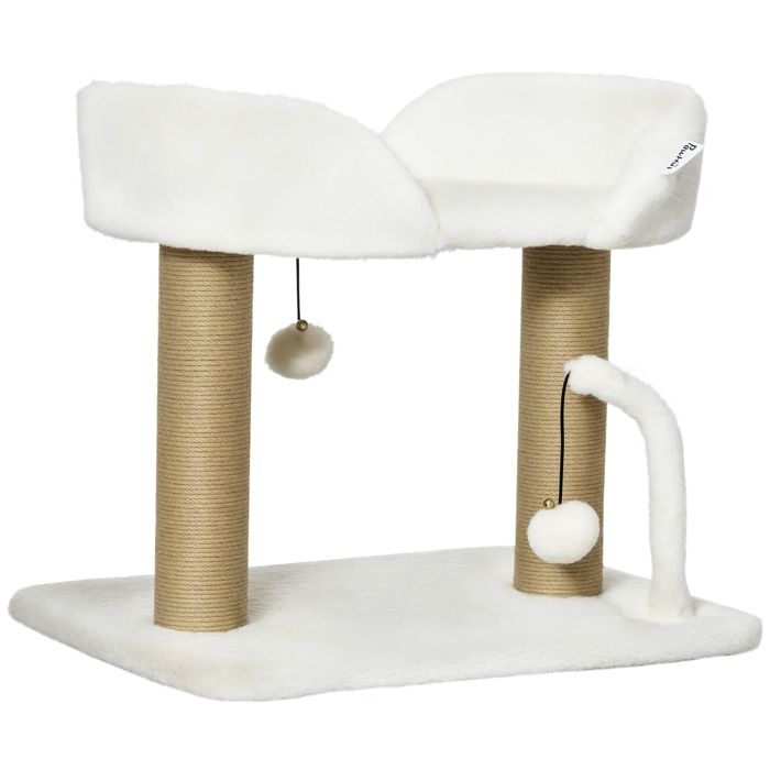 Arbre à chat - PawHut - grattoir design 2 pompons 2 poteaux sisal plateforme peluche - sisal - 48x38x42cm - beige