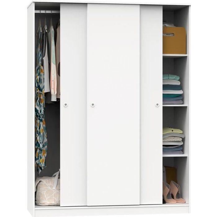 Armoire 3 portes coulissantes Meuble de rangement coloris blanc - Hauteur 200 x Longueur 150 x Profondeur 55 cm Armoire 3 portes coulissantes Meuble de rangement coloris blanc - Hauteur 200 x Longueur 150 x Profondeur 55 cm