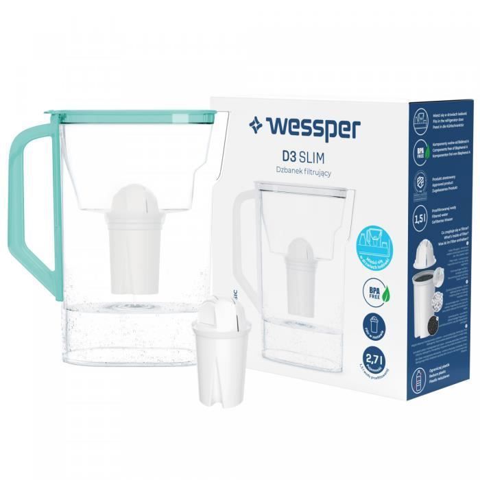 Carafe Filtrante 2,7L Wessper 3D Slim - Compatible Brita Classic - Sans BPA Blanc
