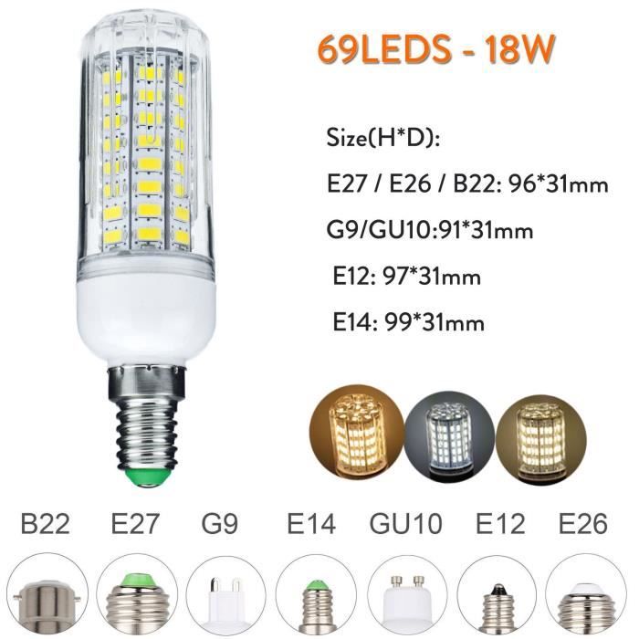 Ampoule E27 Mais LED 12W Blanc Froid 6000K, Lot de 6,1450LM, 360° Lumiere,  Équivalent Halogène E27 100W, AC 230V - Cdiscount Maison