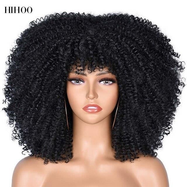Perruque Synthétique Femme Afro Courte Frisée Noir - Avec Frange Et Bonnet, Taille Moyenne