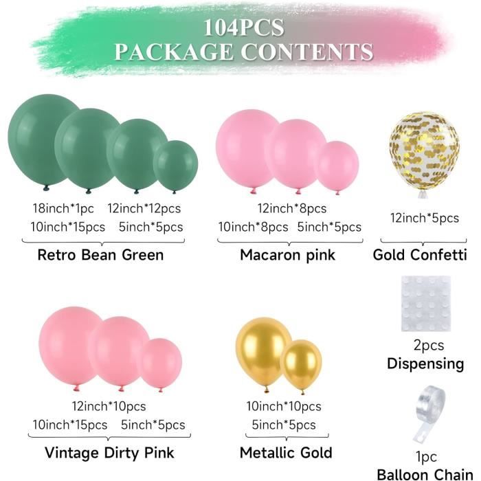 Arche Pour Ballon, 104 Pièces Kit Arche Ballons Verts Rose, Kit Arche  Ballon Anniversaire, Confettis Dorés Métalliques Rose [J7129]