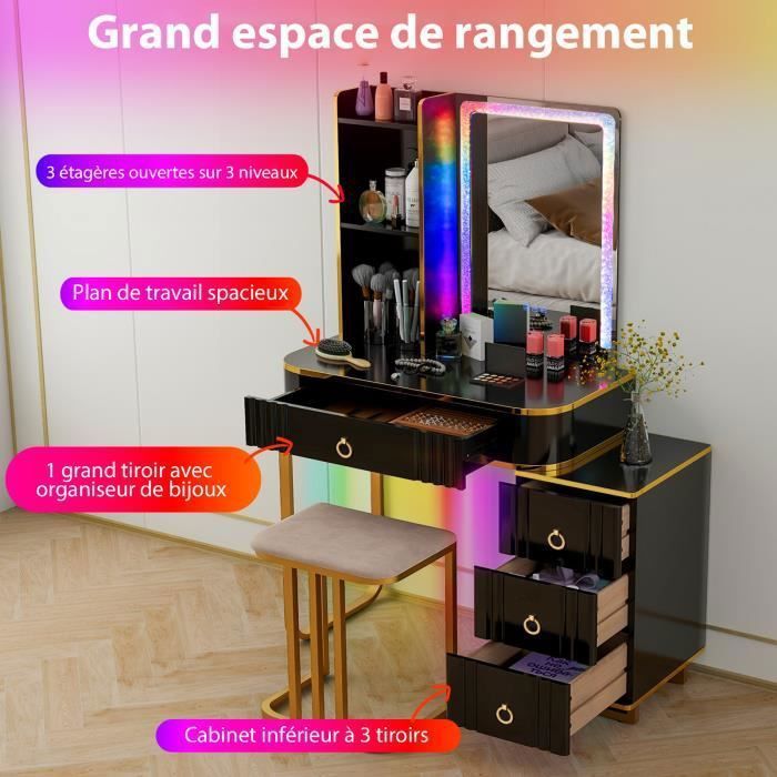 Coiffeuse Blanc et Doré en Bois de Hêtre MDF et