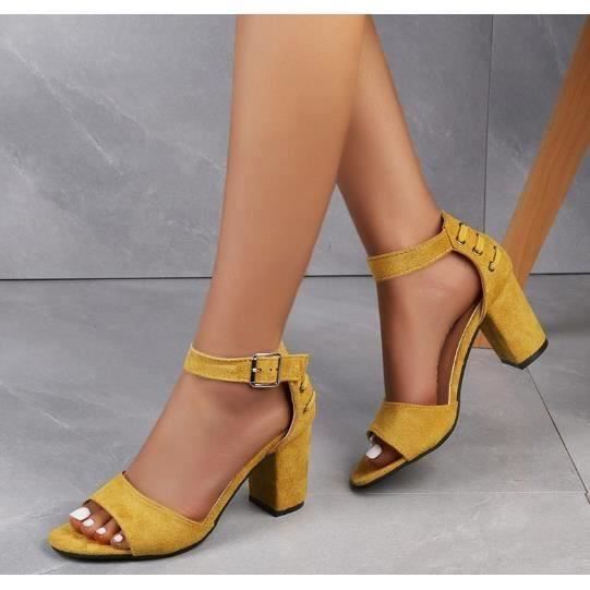 Sandales a talon carre Jaune Jaune Cdiscount Chaussures