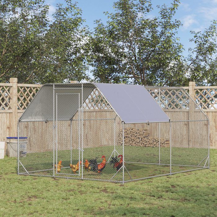 PawHut Enclos poulailler, grand poulailler 10,2 m², enclos poule avec couverture imperméable et anti-UV, porte verouillable, cage en acier galvanisé, volière pour 10-15 poules, 3 x 3,4 x 1,9m, argenté