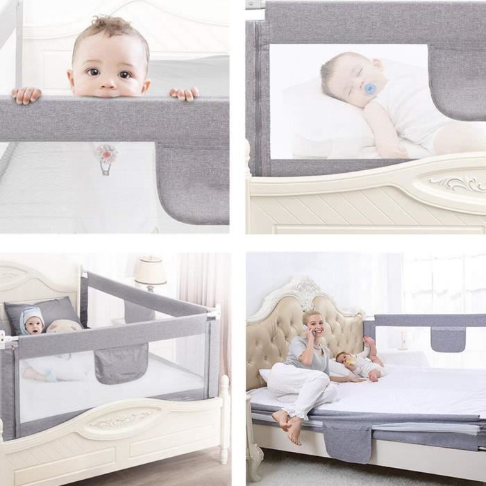Barrière De Lit Anti-chute Ajustable - Hauteur 73 à 93 Cm - Avec Poche De Rangement Et Sac - Gris Clair - Pour Lit Enfant Et Lit Parental