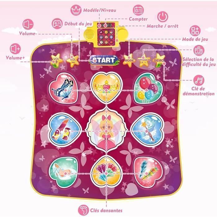 Tapis De Danse LED Bluetooth Enfant Rechargeable – XXL 120×90 Cm, 9 Niveaux, Modes Solo/Double, Cadeau Fille 3-12 Ans, Lumière & Musique