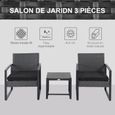 Salon de jardin 2 places 3 pièces 2 chaises avec coussins + table basse plateau verre trempé résine tressée aspect rotin noir-3
