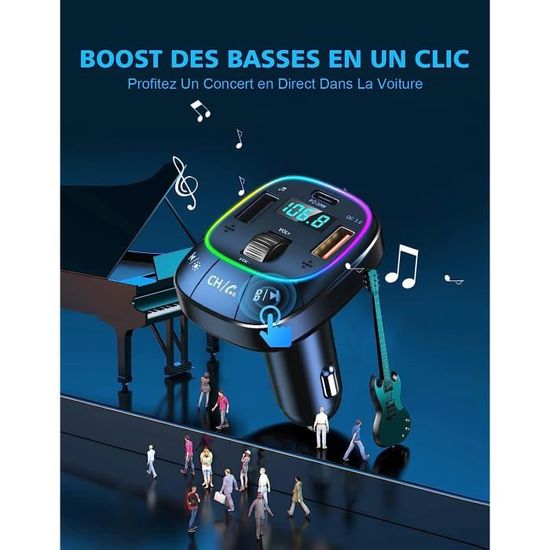 Transmetteur FM Bluetooth Pour Voiture – Charge Rapide Type-C PD 30W & QC 3.0, Double Micro Pour Appels, Renforcement Des Basses Et LED - 5