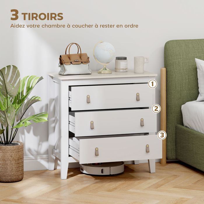 Commode 3 Tiroirs HOMCOM 60x38x71 Cm - Blanc, Plateau Effet Bois - Pour Chambre Ou Salon