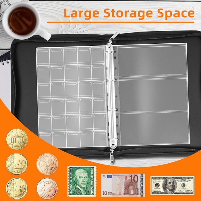 Album De Collection Yunkctuk – 300 Pièces Et 36 Billets, Classeur Avec 24 Pages Transparentes Pour Pièces 2 Euros Et Timbres (Noir)