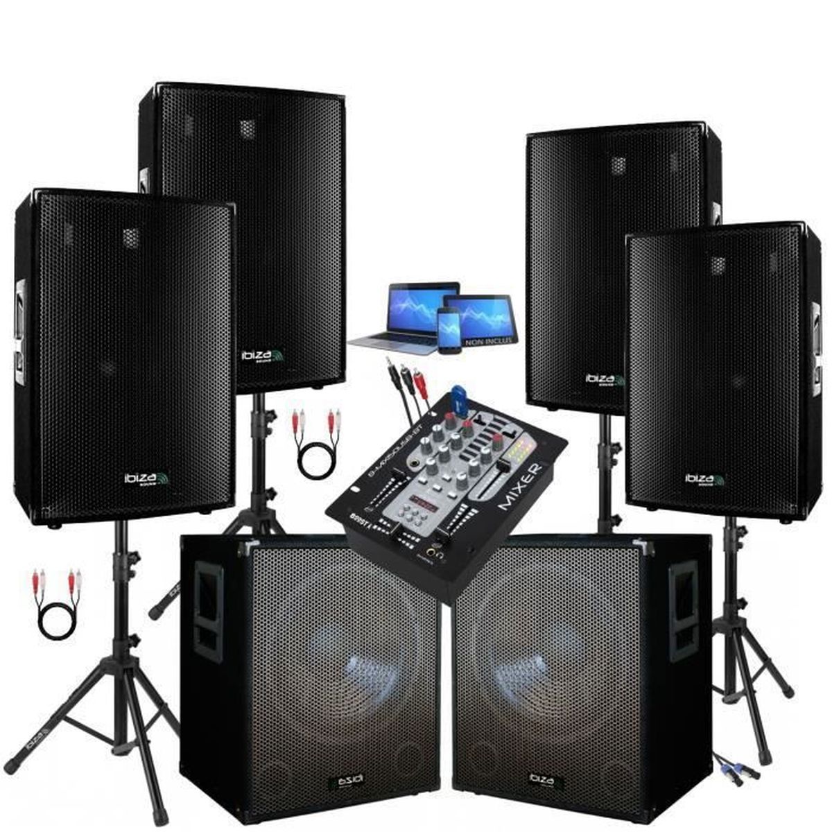 Pack sono complet ibiza dj300 480w table de mixage bluetooth multi effets 2 hp micro clé usb 32gigas
