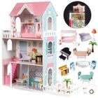 Grande Maison de Poupées en Bois pour Enfants - Mamabrum - Éclairage LED 123x34x114 cm, 3 Étages, Terrasse - Jeux D'imitation