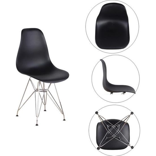 Lot de 4 Chaises avec pieds en métal chromé Chaise de salle à manger en Plastique Noir
