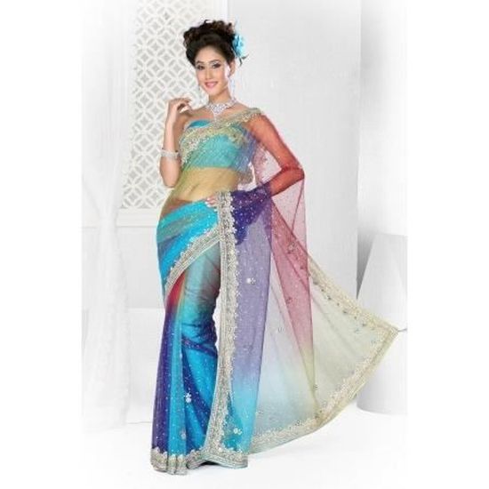 Sari Indien Bleu Ciel Pour Mariage Brode De Pierres Et Strass Bleu Achat Vente Tunique 2009955237644 Cdiscount