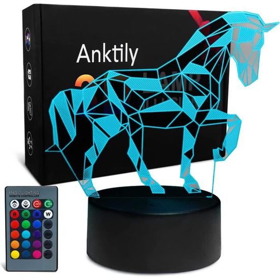 Veilleuse Cheval 3D Illusion Optique – 16 Couleurs, Télécommande, Alimentation USB Ou Piles | Décoration Chambre Enfant, Cadeau Anniversaire, Noël