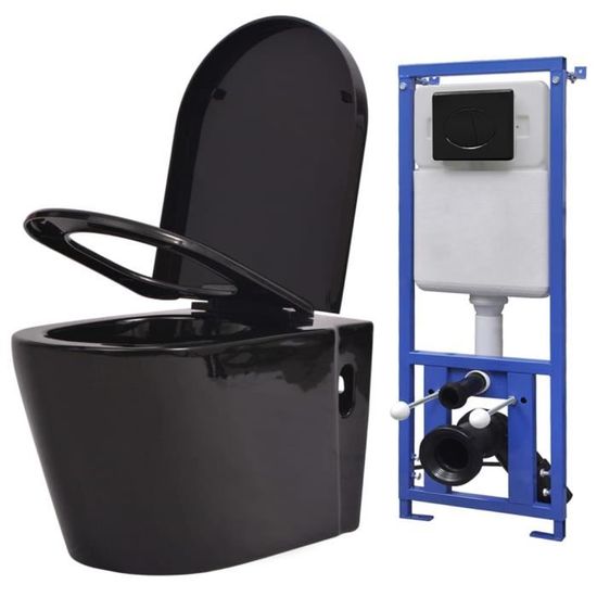FNCM® Toilette suspendue au mur Design Moderne Pack WC - WC Cuvette avec réservoir caché - Céramique - Noir ❤2440