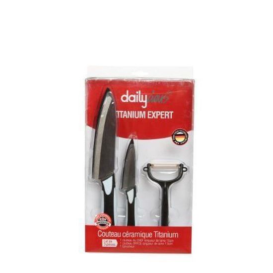Dailycious DC-0050- Lot de 3 Pièces Céramique 1 Couteau de Chef 15 cm 1 Couteau d'Office 7,5 cm 1 Eplucheur