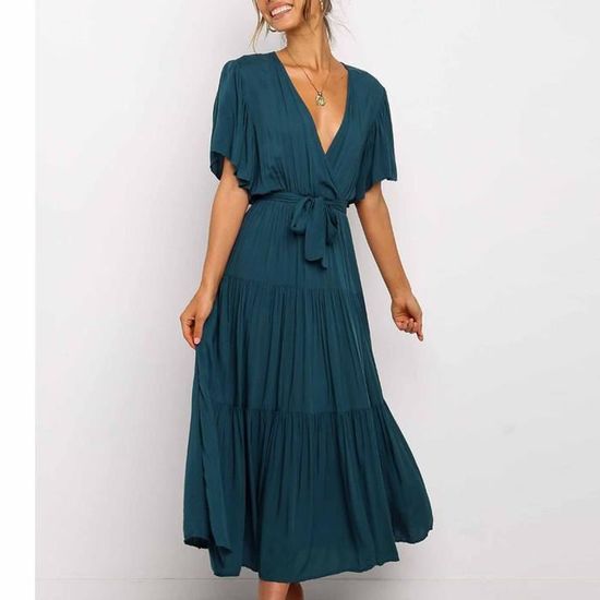 Robe Longue Bleu Clair Fluide - Taille 46, Manches Courtes évasées, Col V, Occasion Très Bon état