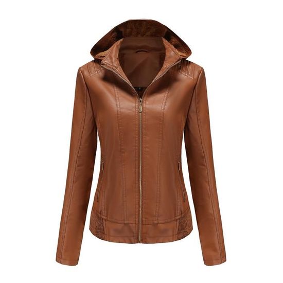 Blouson Femme Simili Cuir a Capuche Doublee Polaire INSFITY Slim Fit Marron Marron Cdiscount Pret a Porter