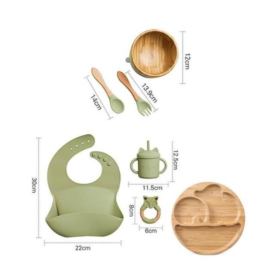 BIOZOYG Ensemble Assiettes Bambou Carré Avec Ventouse Et Cuillère - Vaisselle Bébé Écologique FSC Certifié