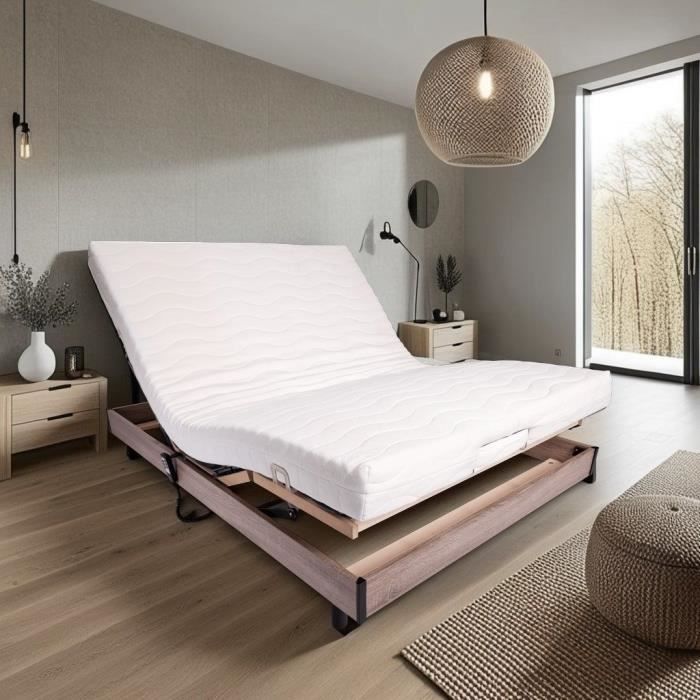 Ensemble Matelas Mémoire De Forme 140x190 Cm + Sommier à Lattes - Épaisseur Matelas 28 Cm, Hauteur Sommier 29 Cm - Livré En 2 Colis