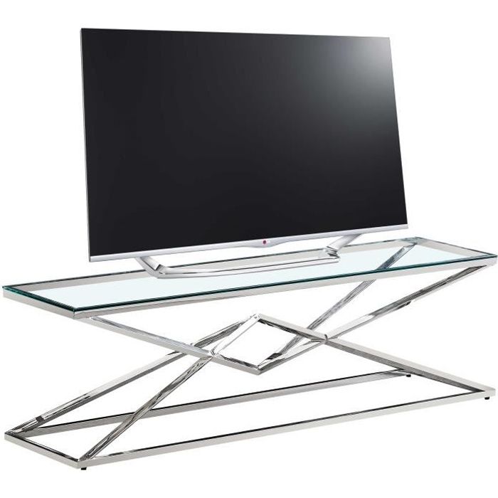 Meuble tv design en acier inoxydable poli argenté et verre trempé L. 150 x P. 40 x H. 45 cm collection PARMA Argenté, Transparent