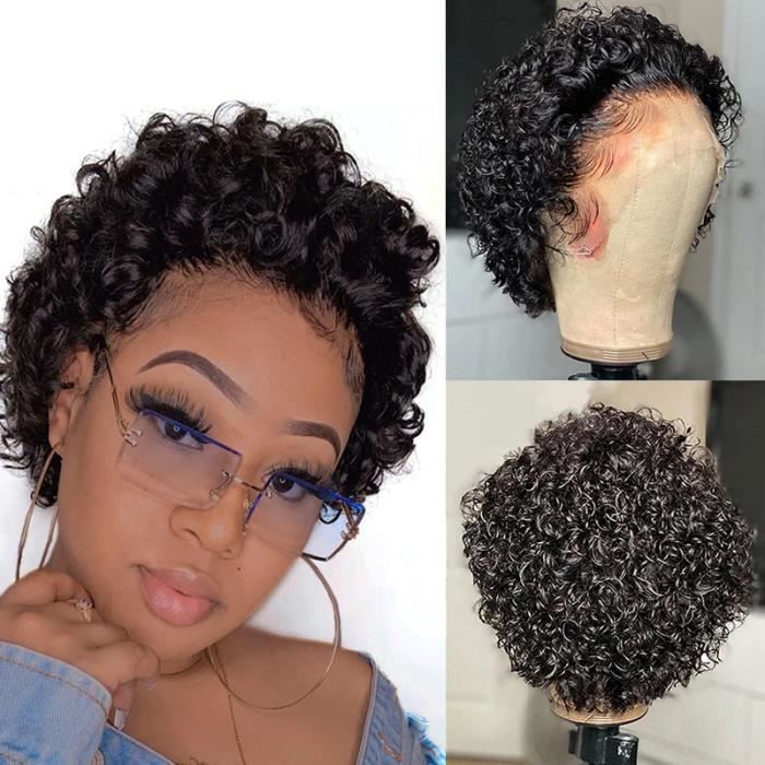 Perruque Bob Lace frontal Wig naturelle bouclée, cheveux humains coupe Pixie -8-