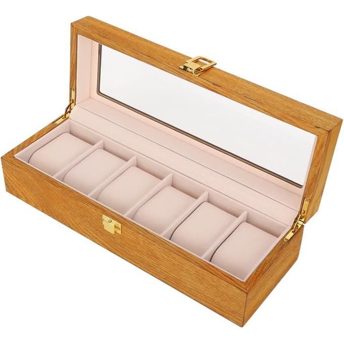 Drfeify Boîte de présentation de montre Boîte de rangement de montre de fenêtre transparente en bois à 6 grilles