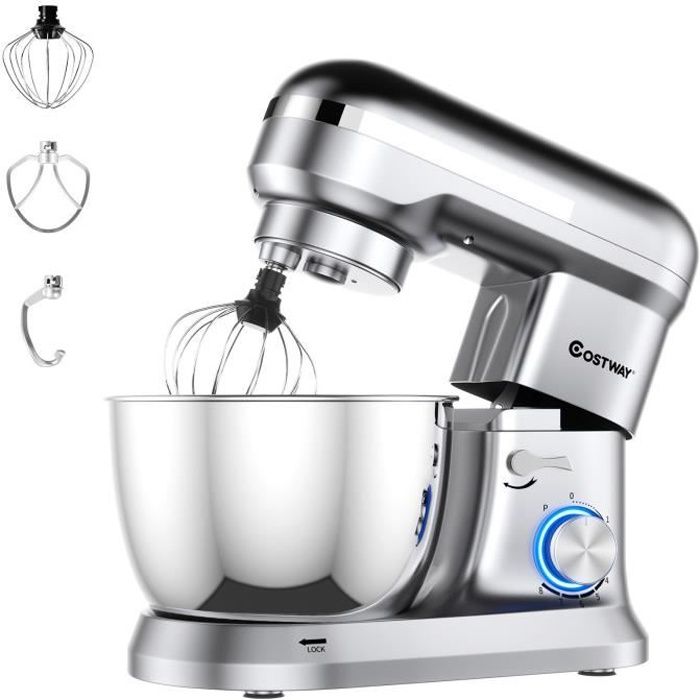 COSTWAY Robot Pâtissier 1300W avec Bol 4,5L en Acier Inox Batteur Electrique à 8 Vitesses Réglables avec Batteur,Fouet,Crochet Argen
