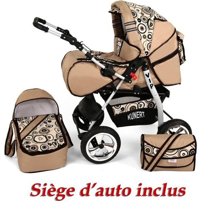 Poussette / Landau combiné 3en1 multifonctions avec équipement bébé enfant 0-36m Roues en mousse Volver - Cappuccino - Cercles.