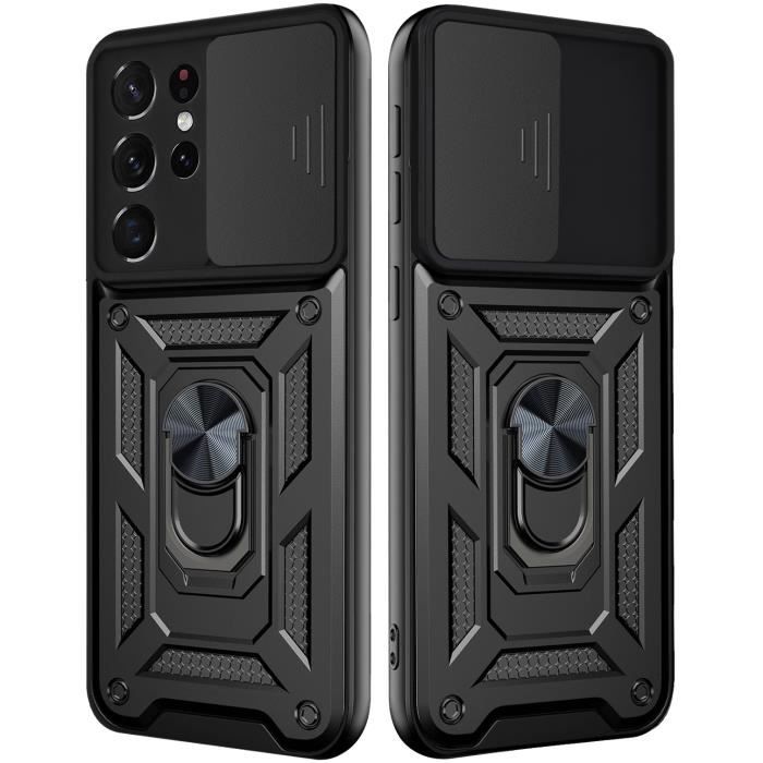 Coque pour Samsung Galaxy S21 Ultra TPU en PC Antichoc Case avec Protection pour Appareil Photo Coulissante,Noir