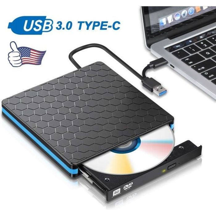 TEMPSA Graveur Lecteur de DVD Externe USB 3.0 Haute Vitesse Lecteur de CD/DVD-RW Disqueur