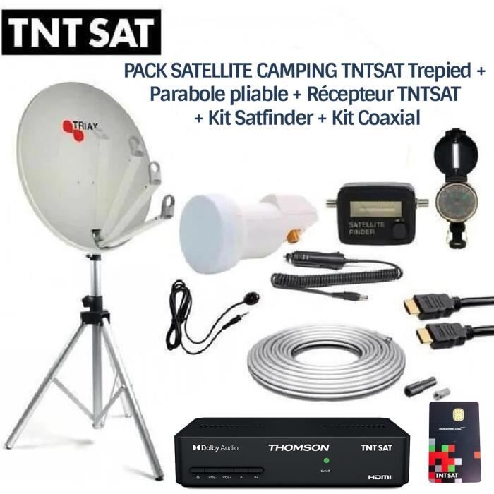 PACK SATELLITE CAMPING TNTSAT Trepied + Parabole pliable + Récepteur TNTSAT + Kit Satfinder + Kit Coaxial