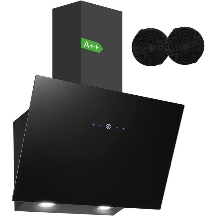 Hotte aspirante 60cm avec filtres hotte inclinée avec efficacité A++ Recyclage avec Filtre à Charbon Touche Tactile Noir