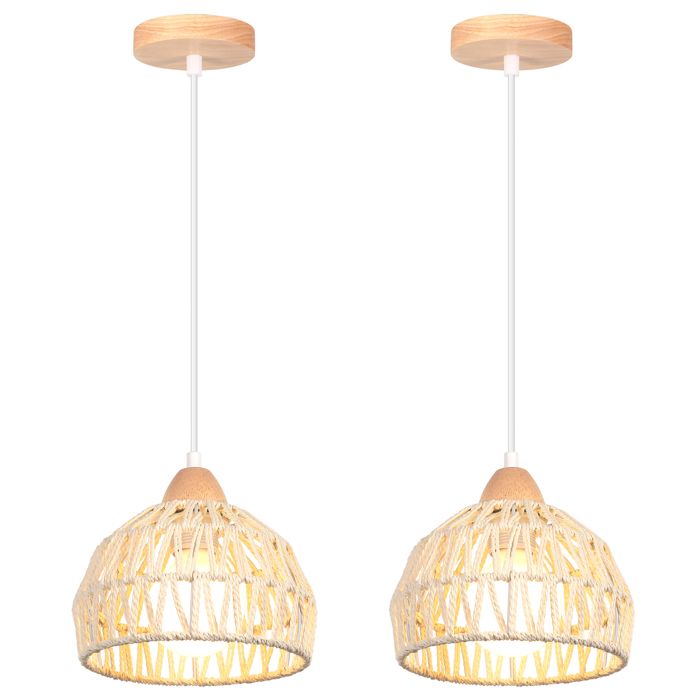 TOKIUS 2 Pièces Suspension Luminaire Moderne en Rotin Naturel Lustre E27 Papier Bohême Lampe Suspendue Blanc pour Salon Cuisine Bar