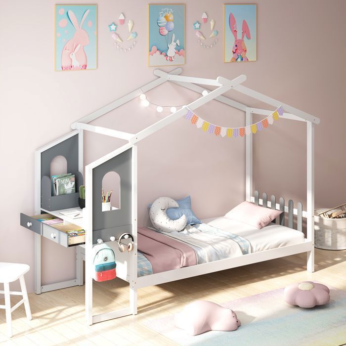 COSTWAY Lit Simple 200 x 90 cm avec Bureau Lit Plateforme avec Crochets et Tiroirs 18 Lattes en Bois Structure de Lit Blanc Gris