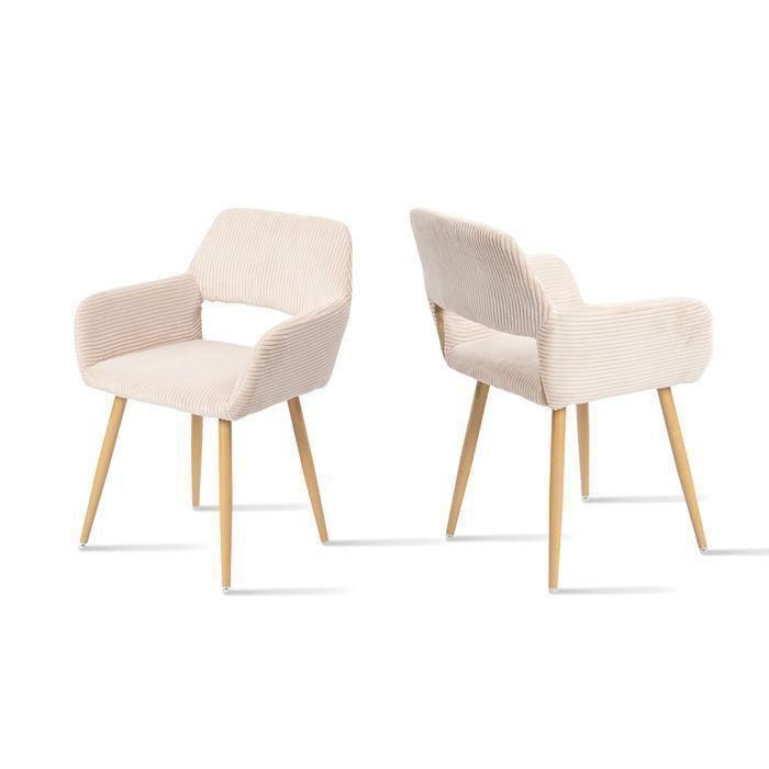 MEUBLES COSY Lot de 2 fauteuils de salle à manger scandinaves avec accoudoirs en velours côtelé beige - CROMWELL