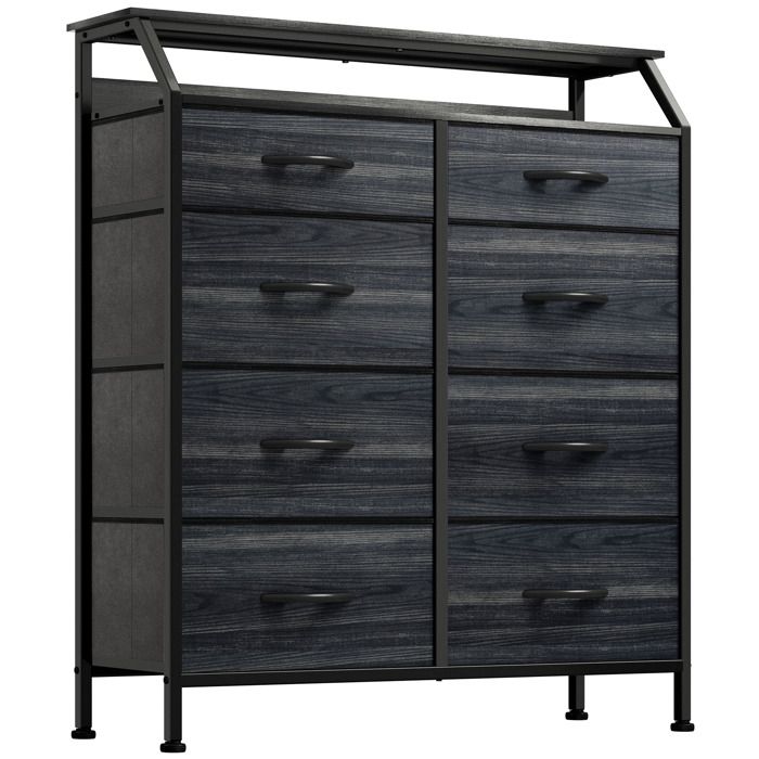 Commode 8 Tiroirs En Tissu YITAHOME - Meuble Rangement Chambre, Cadre Métal, Plateau Bois - Dimensions 86x30x90cm, Couleur Kaki