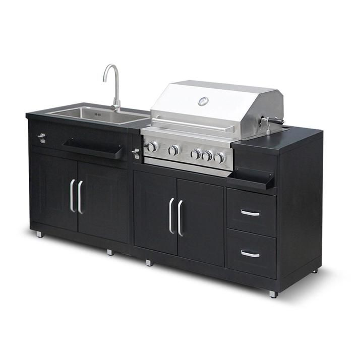 OVIALA  - Cuisine ext&eacute;rieure en m&eacute;tal avec &eacute;vier, barbecue et rangement