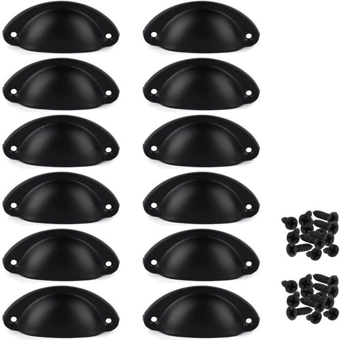Poignée de meuble - Coquille demi-lune - Noire - Vis incluses - Lot de 12