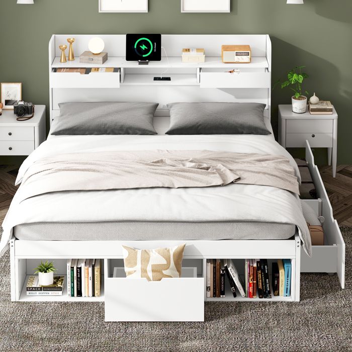 Lit double 140*190cm Avec port USB & tiroirs & armoire de rangement Lit denfant Lit de jeune Lit multifonctionnel Grand