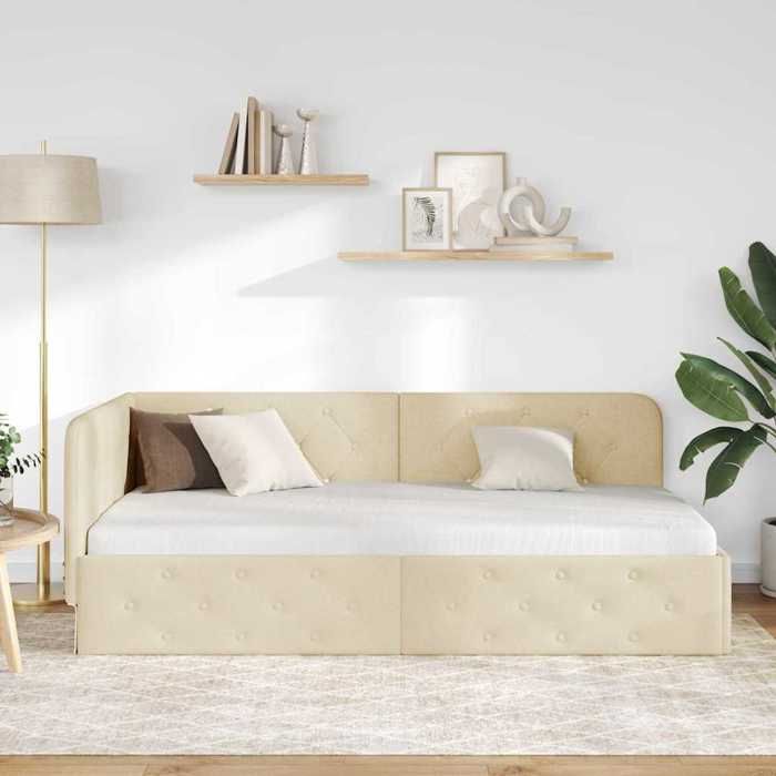 Structure de lit dangle en tissu - UU - 90x200 cm - Crème - Design en L - Contreplaqué - Cadre à lattes
