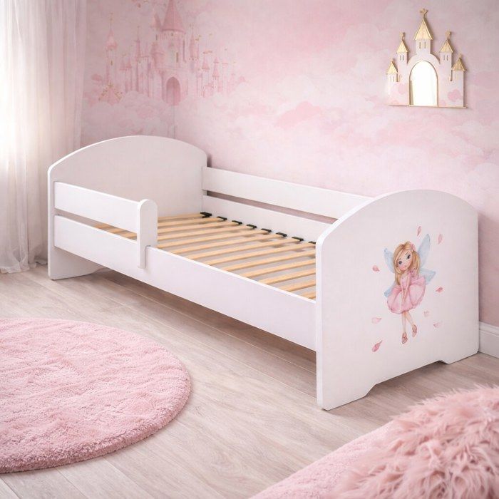 Lit enfant LUK 80x160 cm pour fille avec sommier et barrière de sécurité – motif fille avec ailes