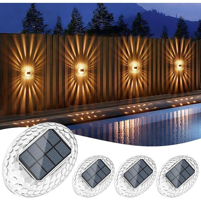 Applique Murale Exterieur Solaire Blanc Chaud Lot de 4 Lampe Solaire Exterieur avec Effet Lumineux à 360° Solar Wall 4P
