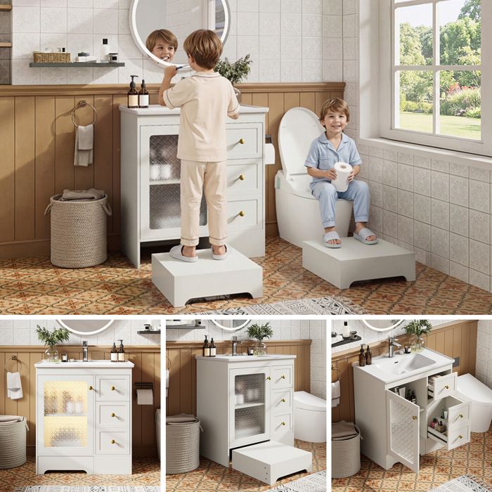 Meuble de salle de bain - HIBA - Blanc - Vasque céramique - Tabouret 2‑en‑1 intégré - Éclairage LED controllable