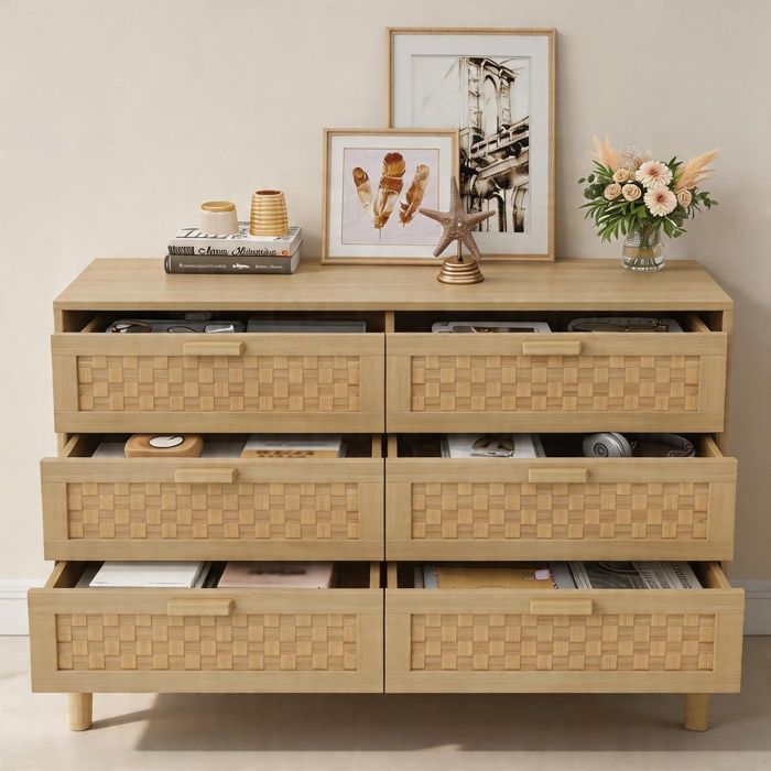 Commode - Commode élégante en bois naturel - 6 tiroirs - 120x40x75 cm - Tiroirs style rotin