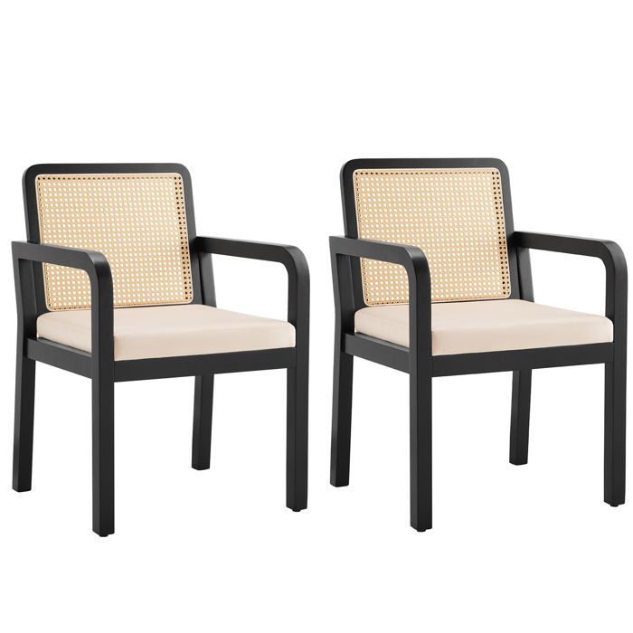 VLIVRA Chaise de Salle à Manger - avec Dossier en Rotin et Pieds Réglables - en Velours et Bois d’Hévéa - Noir - 56 × 57 × 83 cm
