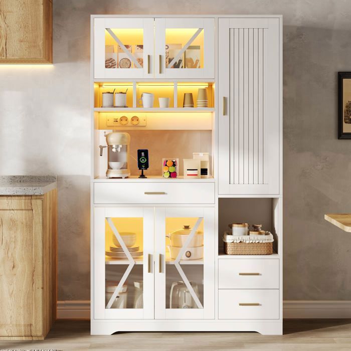 Buffet haut de cuisine 105 x 40 x 185 cm avec 5 portes 3 tiroirs vitrines étagères réglables LED prises style grange ，blanc