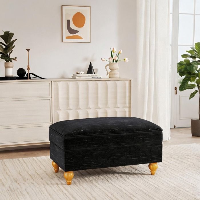 Pouf rectangulaire en tissu chenille noir jupe à volants amovible style classique ou moderne 90 cm